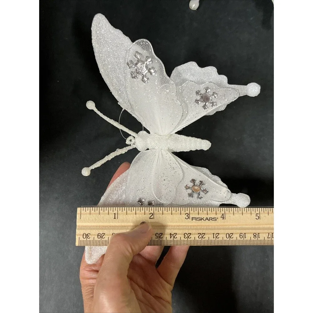 12 Silver/Blue Glittered‎ Christmas Ornaments:Butterflies Dragonfly Bird Flowers